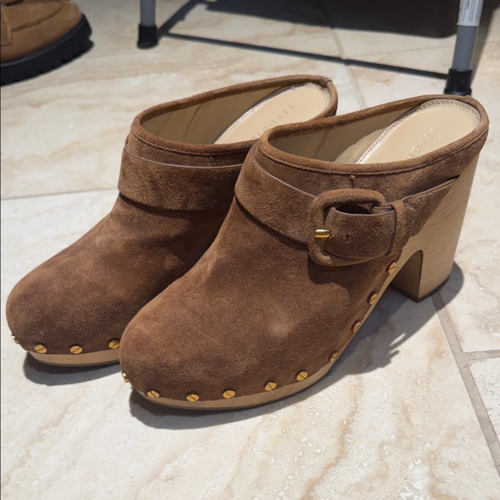 Veronica Beard Brown Suede Clogs with Gold Studs